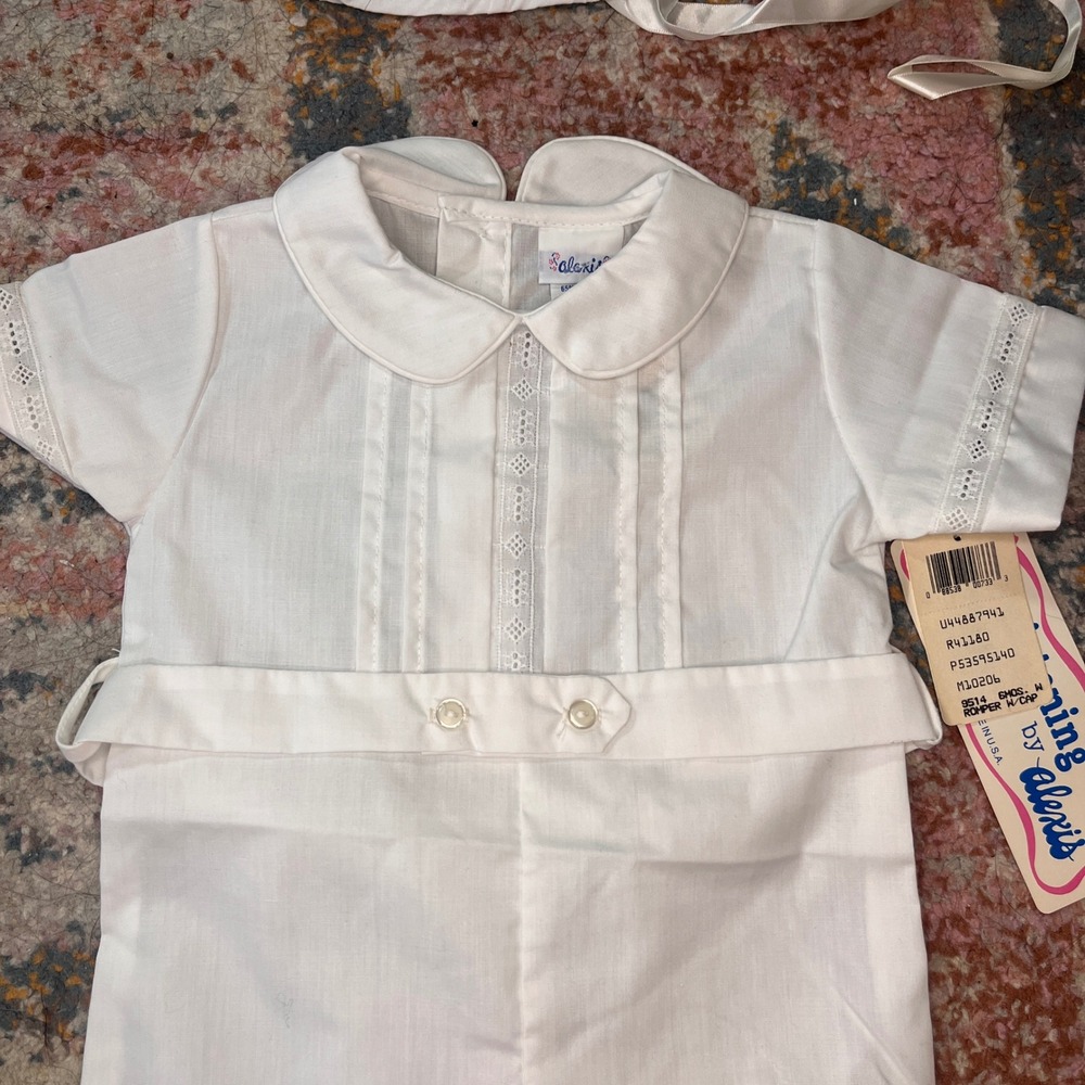 Vintage Alexis Christening Romper Bonnet Set White Eyelet 6 Months NWT Made USA - Picture 2 of 7